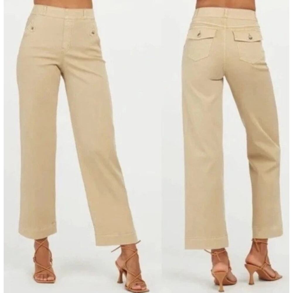 Spanx Mid Rise Stretch Twill Crop Wide Leg Pants Beige Women's Size Medium
